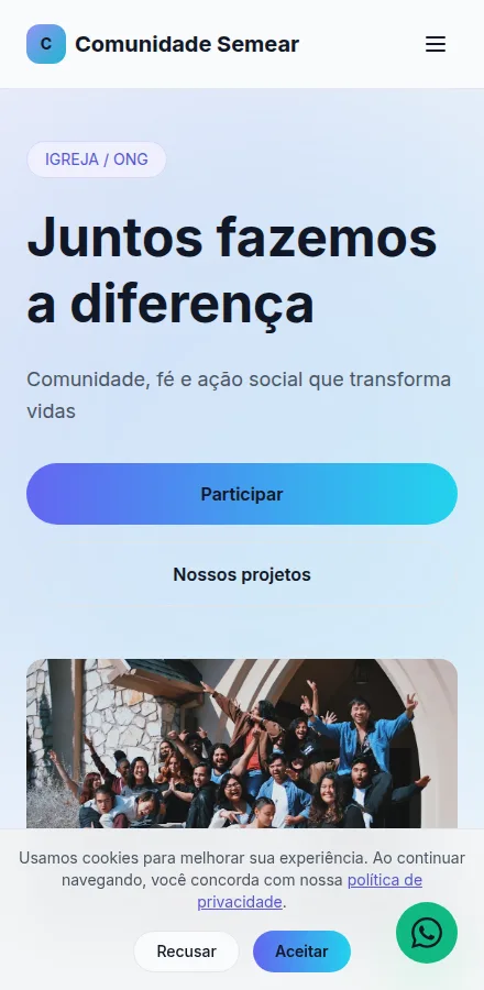 Versão mobile do site de igreja ou ONG feito no Tavoren
