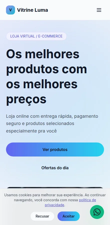Versão mobile do site de loja virtual feito no Tavoren