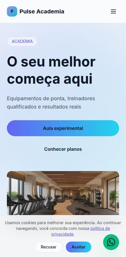 Versão mobile do site de academia feito no Tavoren